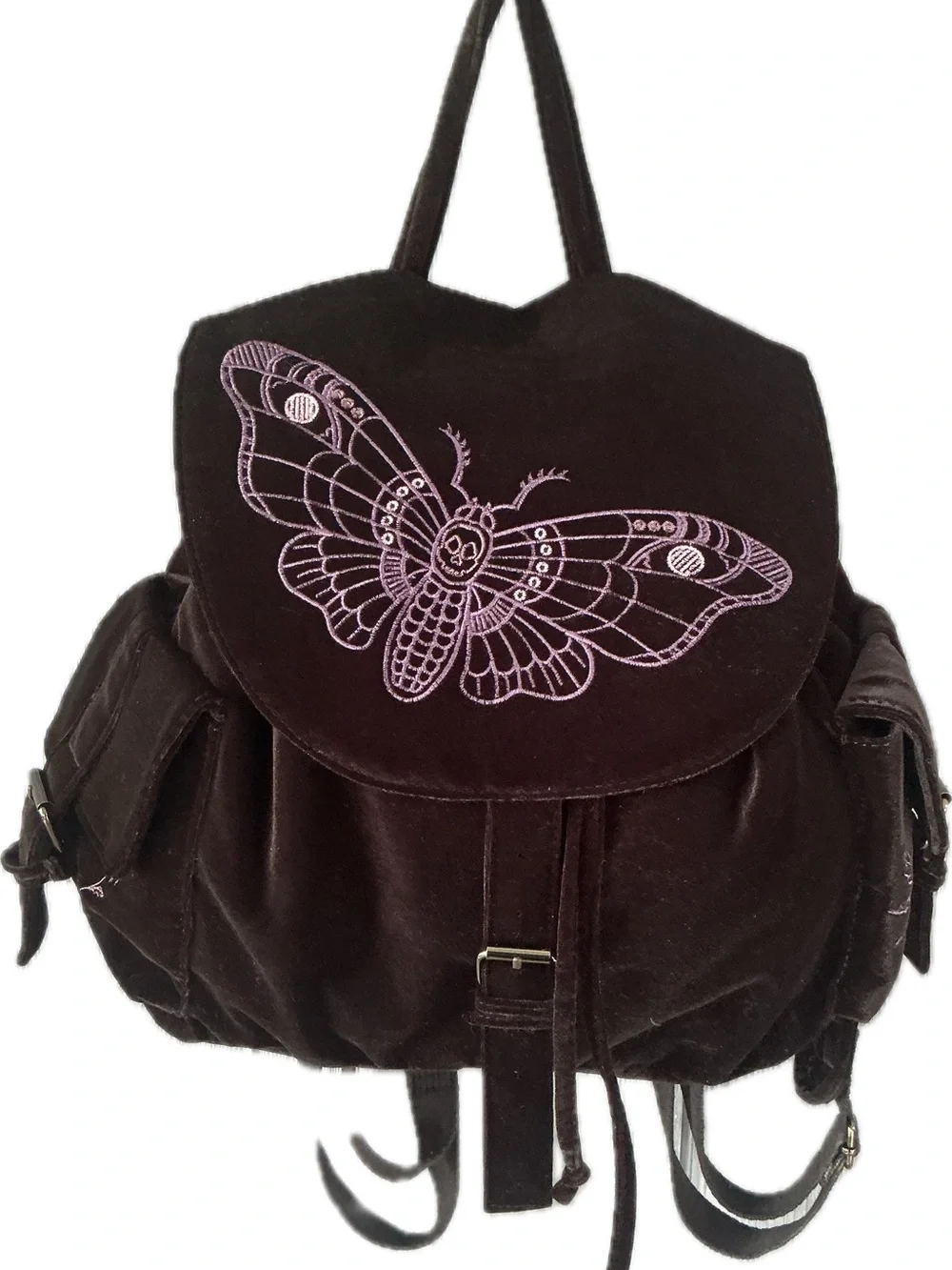 Disturbia Black Velvet Backpack with Lilac Moth / Butterfly Embroidery